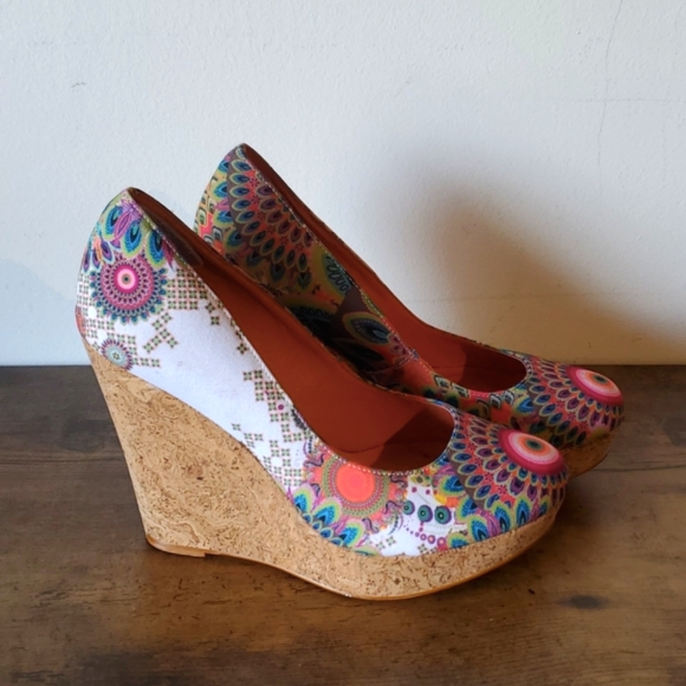 Desigual Lucina Kaleidescope Peacock Mandala Flower Canvas cork wedge heel